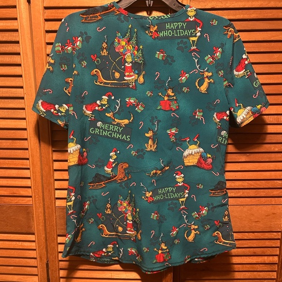 Dr. Seuss How the Grinch Stole Christmas Teal Holiday Print Scrub - Picture 3 of 15